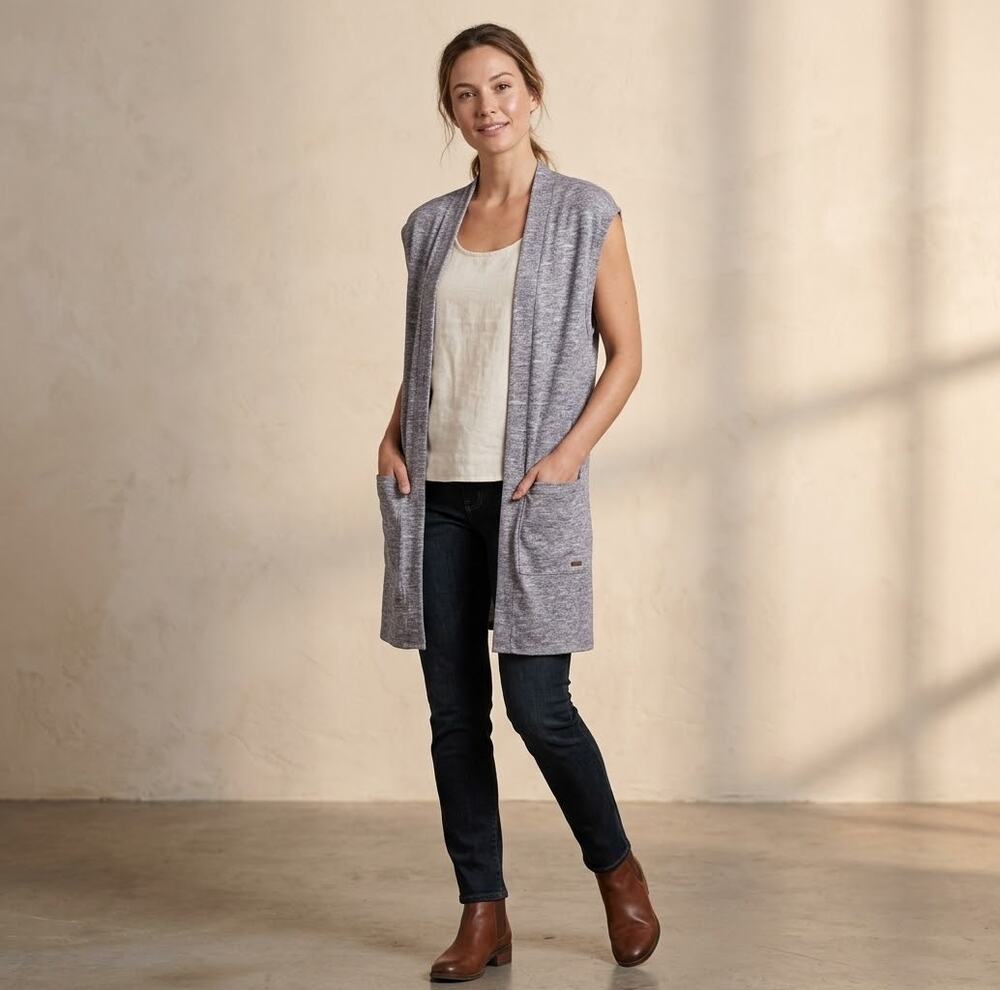 Roots space dye stretchy sleeveless duster cardigan lighweight pockets XS/ small